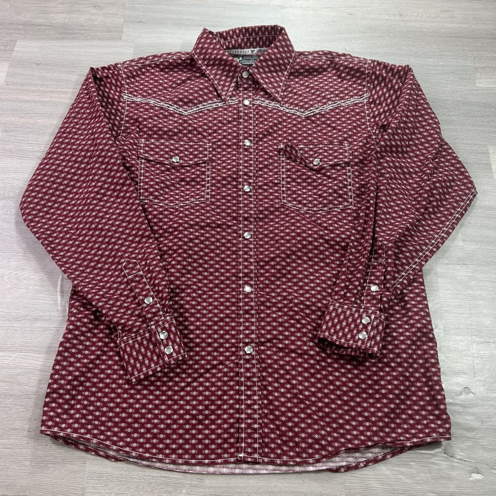 Cowboy Hardware Shirt Mens Medium Red Long Sleeve Western Snap Button Up Casual